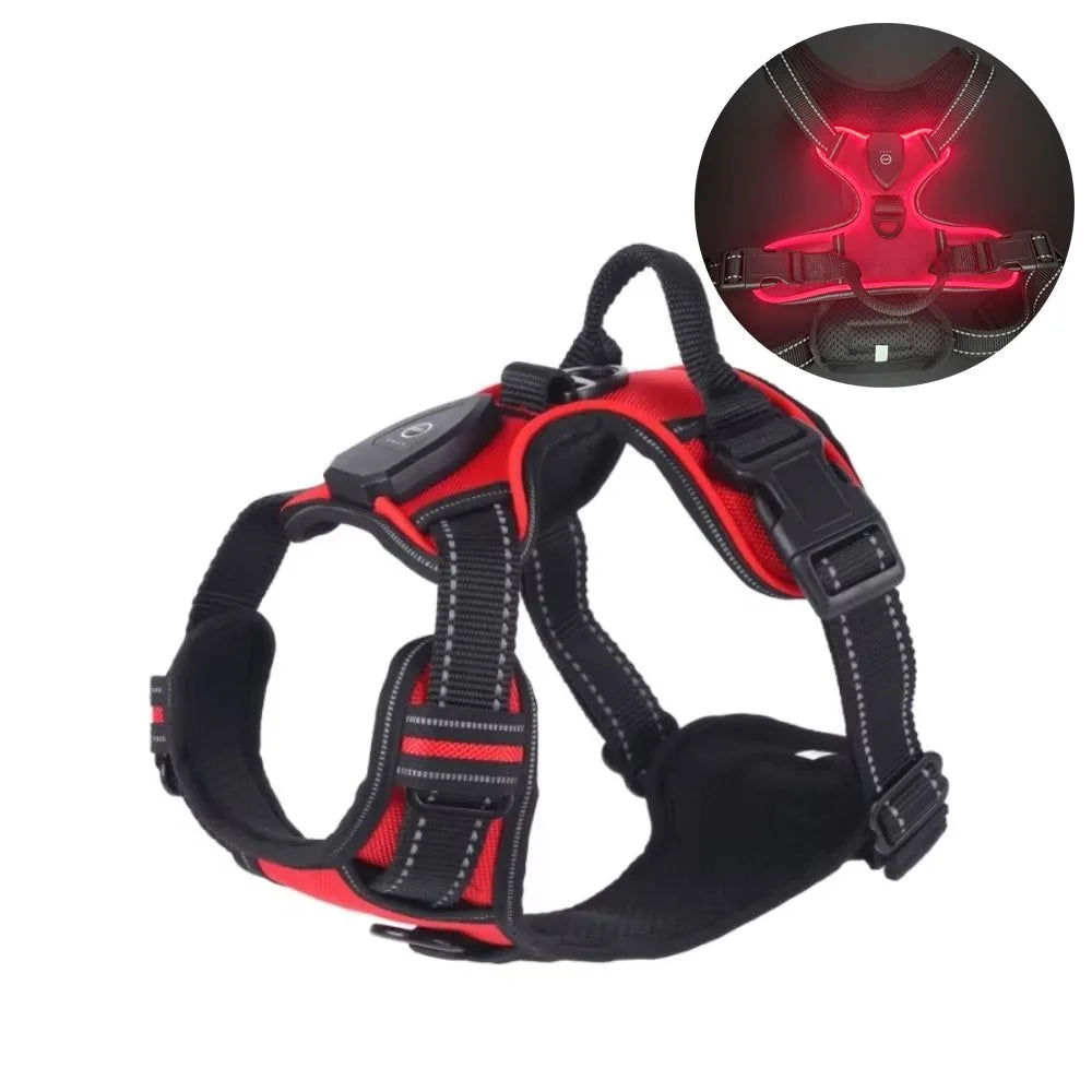 Light Up LED Dog Harness Adjustable Rechargeable Luminous Pet Chest Strap Flashing Padded Collar Dog Glow Vest for Night Walking