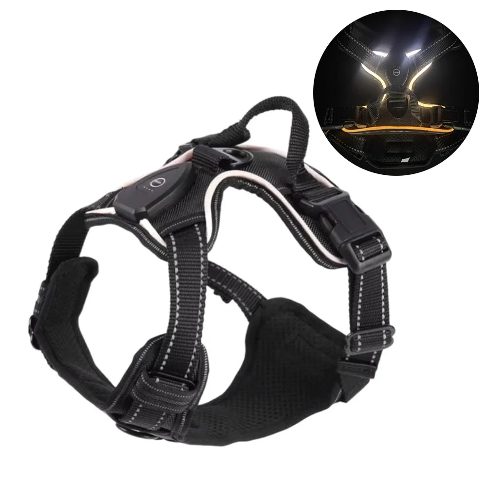 Light Up LED Dog Harness Adjustable Rechargeable Luminous Pet Chest Strap Flashing Padded Collar Dog Glow Vest for Night Walking
