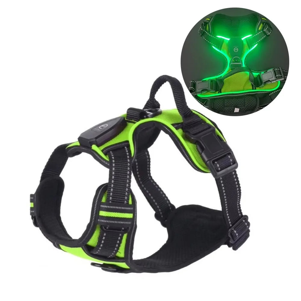 Light Up LED Dog Harness Adjustable Rechargeable Luminous Pet Chest Strap Flashing Padded Collar Dog Glow Vest for Night Walking