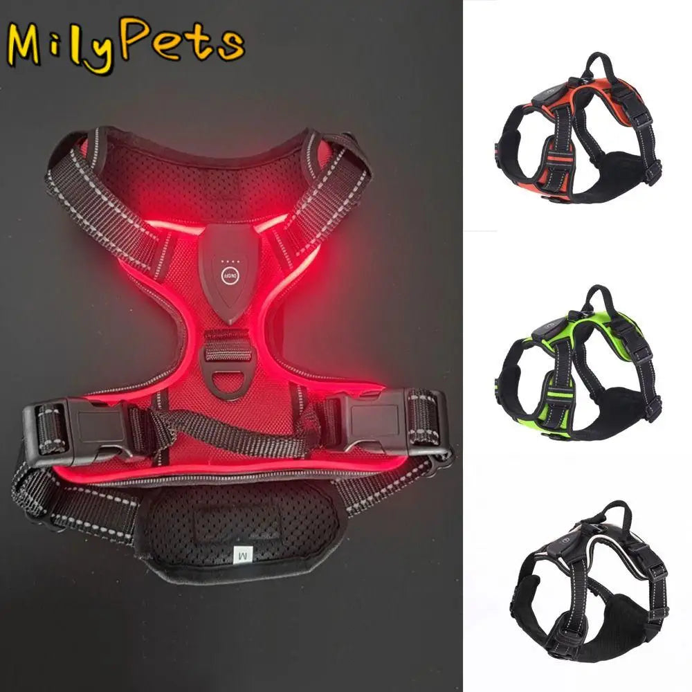 Light Up LED Dog Harness Adjustable Rechargeable Luminous Pet Chest Strap Flashing Padded Collar Dog Glow Vest for Night Walking